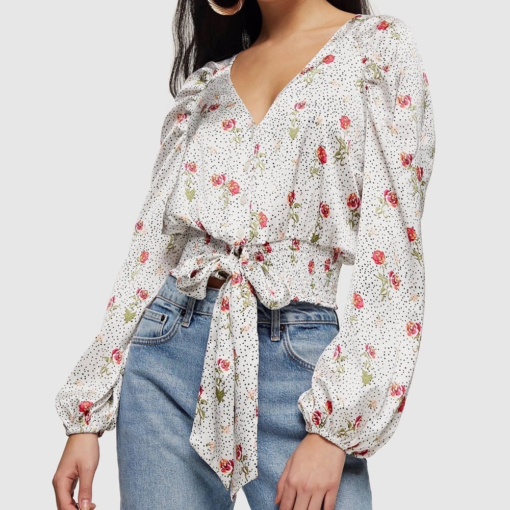 Topshop Sz 8 New w Tag Satin Polkadot Floral White Black Long Sleeve Blouse